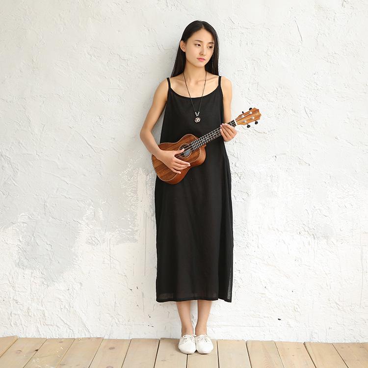 2024 Spring/Summer Cotton Linen Plus Size Women's Spaghetti Strap Long Dress - Solid Color, Loose, Versatile, Literary Style.