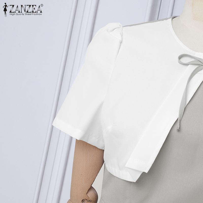 ZANZEA Women Casual Round Neck Short Sleeve Patchwork Dress Summer