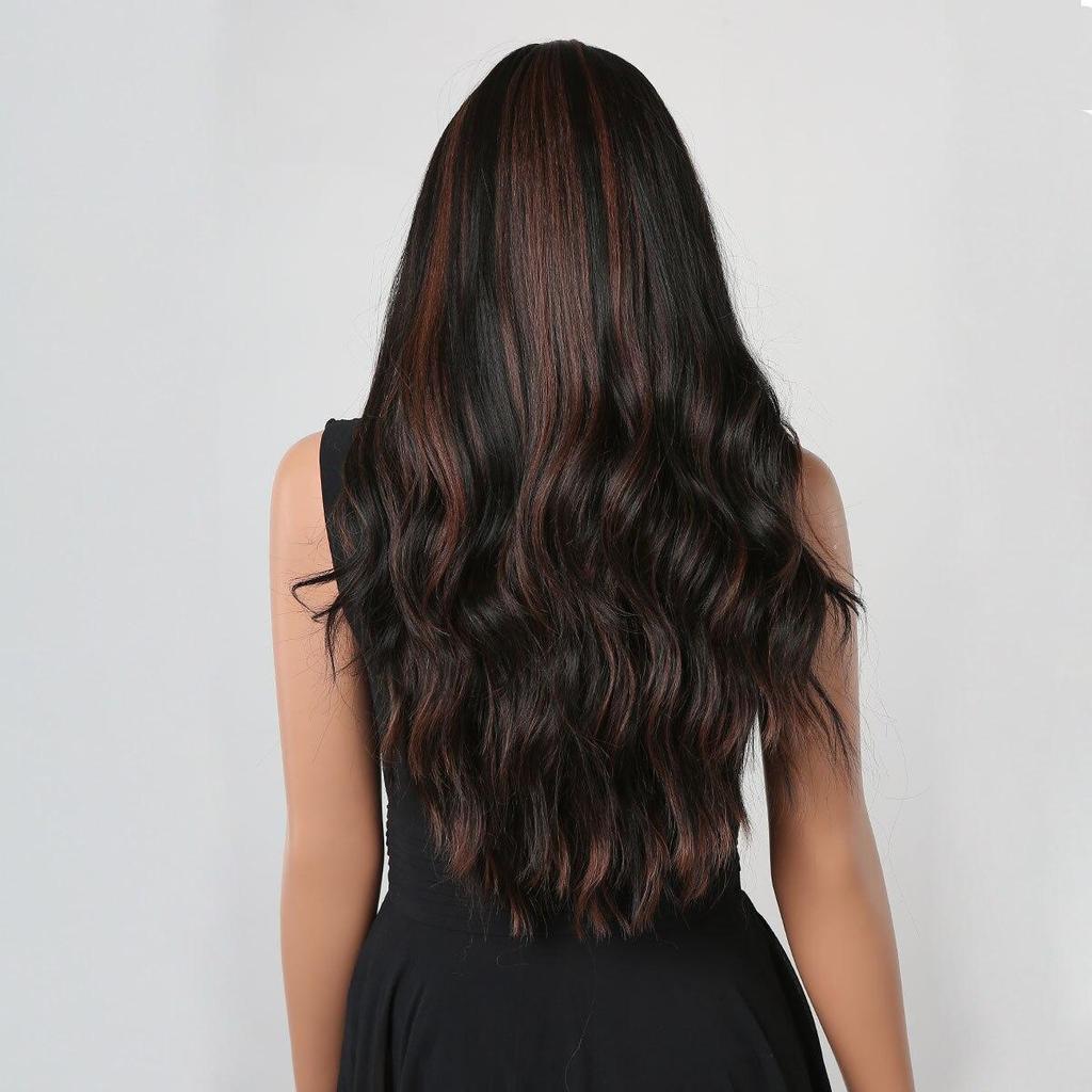 ALAN EATON Brown Highlight Wave Wig Long Synthetic Hairline Lace Wigs Natural Looking Heat Resistant Fiber for Women Party Daily