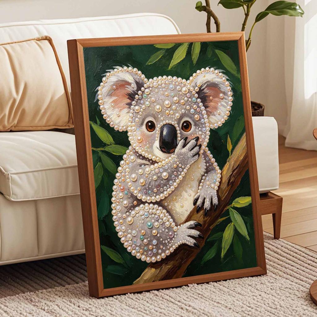 Handmade Framed Pearl Bead Painting Kit Cute Koala Animal 3D Shiny Canvas Art Ready to Display Home Decor Gift Idea Creative Wall Decoration