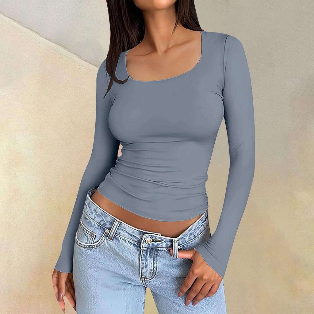 Women's Casual Color Square Neck Slim Fit Sexy Long Sleeve T-Shirt Top