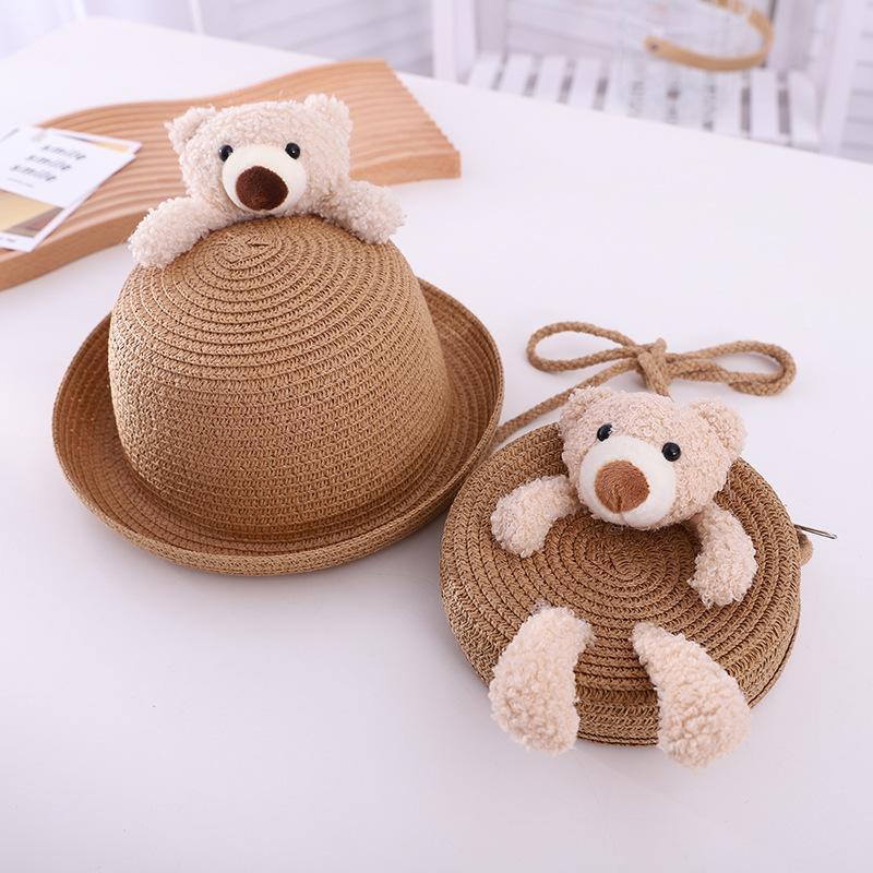 Summer Children Cute Bear Straw Hat Baby Travel Sun Hat Girl Princess Beach Bucket Hat