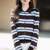 Zhenxu Damen Wollmischung Gestreifter Polo-Strickjacke