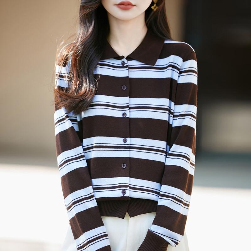 Zhenxu Damen Wollmischung Gestreifter Polo-Strickjacke