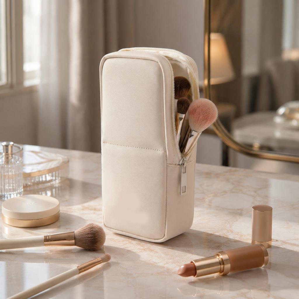 Travel Season Portable Waterproof Makeup Bag Stand-Up Brush Organizer Case with Multiple Compartments for Lipstick Brushes Storage