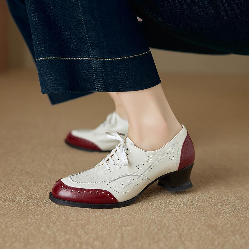 Fashion New Genuine Leather Women High Heel Shoes Lace Up Classic Round Toe Mid Heels Shoes Casual Loafers Office Lady Dress Size 34-40