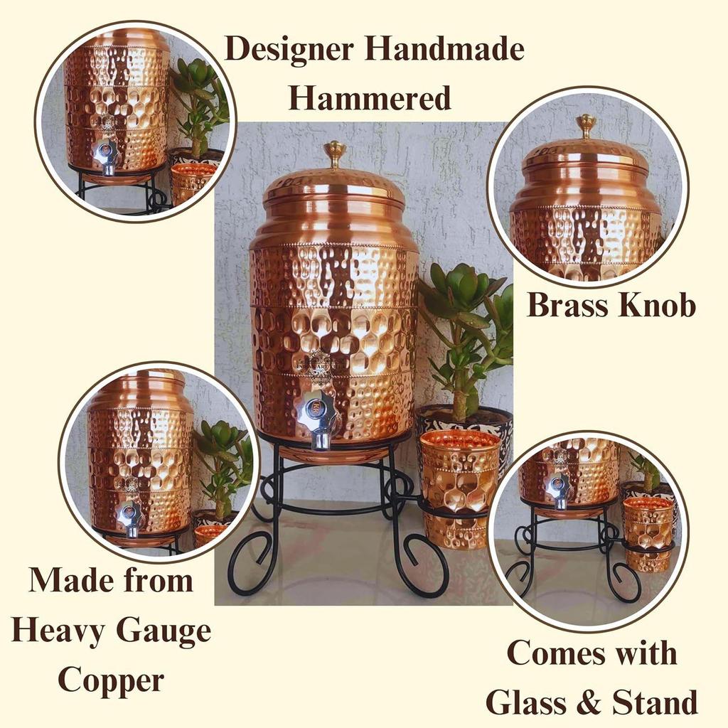 Copper Water Pot with Tap, Glass, and Stand, Diamond Hammered Design, Pure Copper for Storage and Serving Water, Ayurveda Benefits, 5 Liters