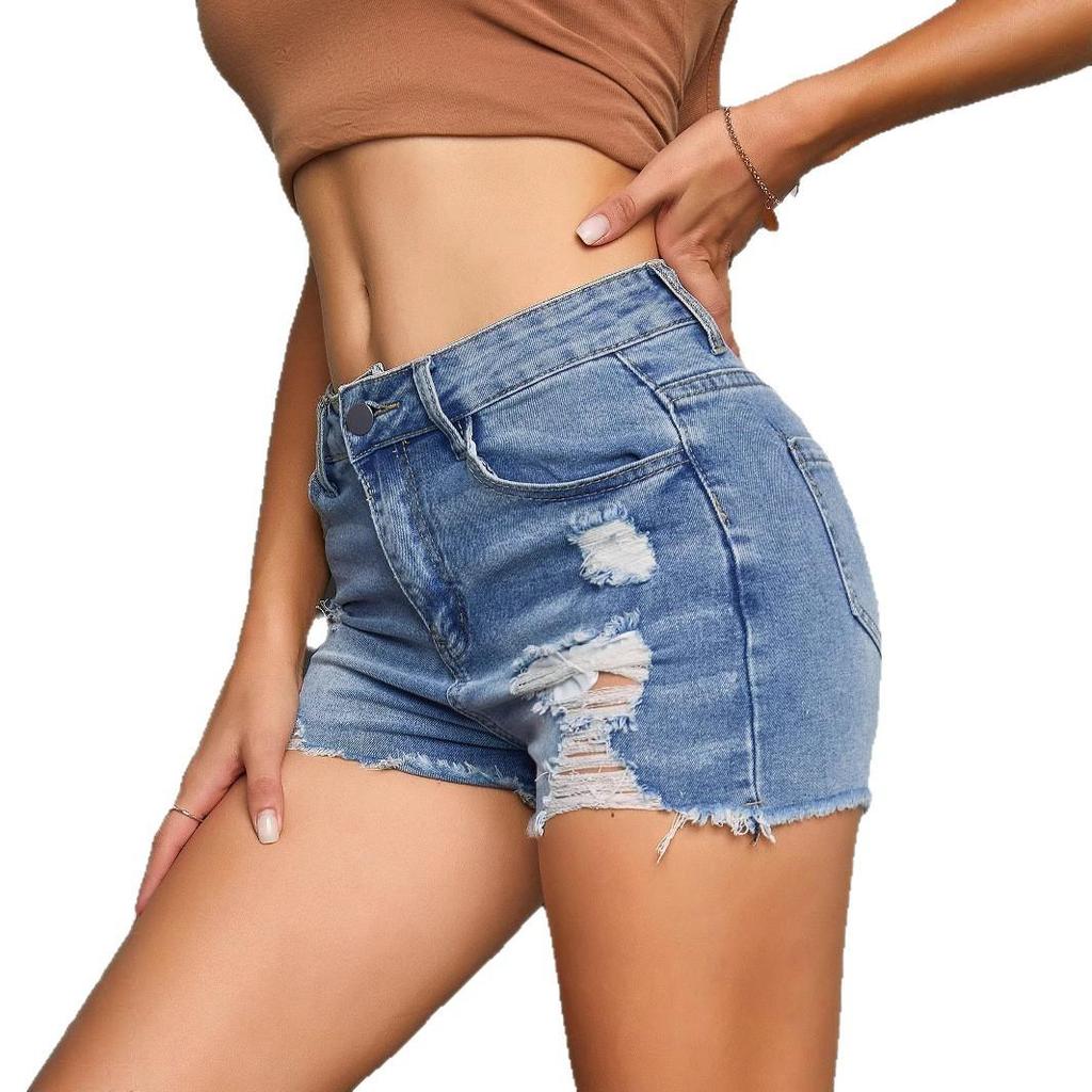 High-Waisted Women's Ripped Denim Shorts with Elastic Slimming Fit
