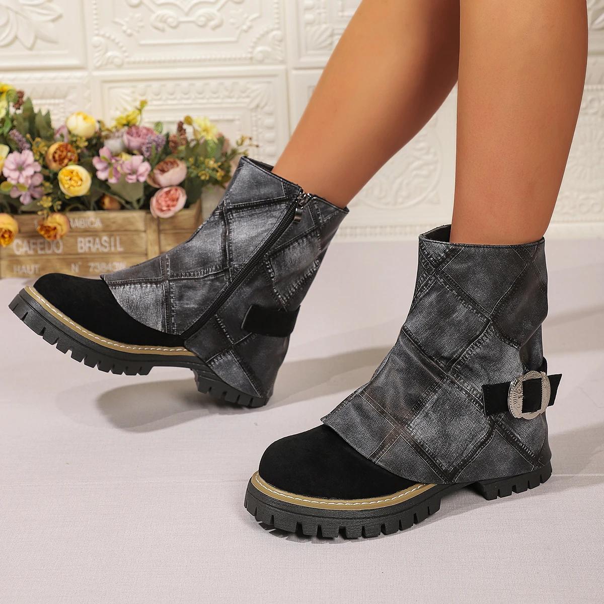 

Fashion Women Boots Cowboy Mid Calf Chelsea Boots Women Fashion Platform Shoes Women New Trend Designer Motorcycle Boots Botas De Mujer 36 чёрный