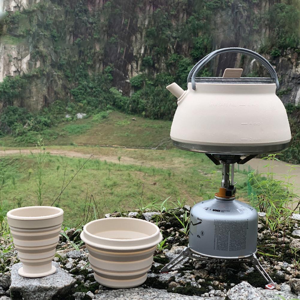 1.5L Silicone Kettle with Handle Outdoor Collapsible Kettle Stainless Steel Bottom Camping Cook Pot for Hiking Backpacking