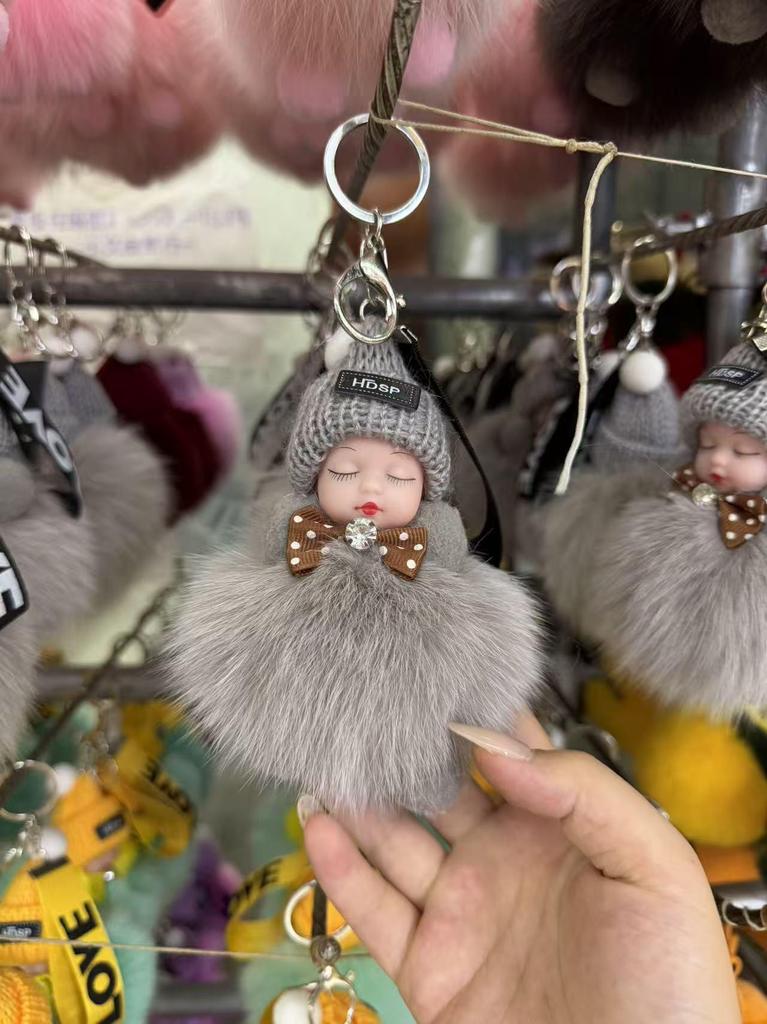 Authentic Fox Fur Pompon Keychain: Cute Plush Sleeping Doll Bag Charm