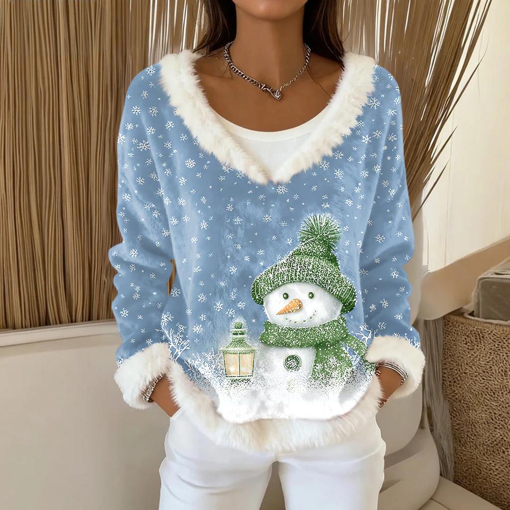 Dámský módní plyšový pulovr s výstřihem do V, tričko s dlouhým rukávem, vánoční potištěná mikina