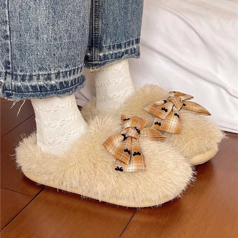 

2025 Женские Модные Плюшевые Хлопковые Тапочки с Бантом - Уютная Домашняя и Уличная Пушистая Обувь 36-37 (Runs small) хаки