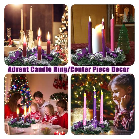 13" Purple Ribbon Christmas Advent Wreath 4 Advent Candles Holder Christmas Centerpiece with Bow Artificial Pine Cones for Winter Holiday Church Decor