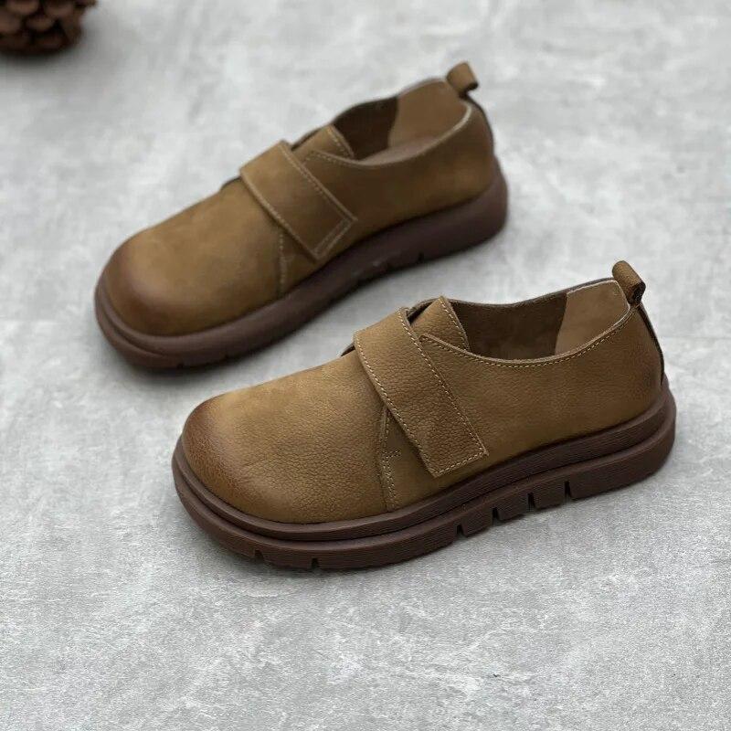 Johnature Neformální ploché boty z pravé kůže Retro kulatá špička Měkká podrážka Pohodlné jednobarevné boty