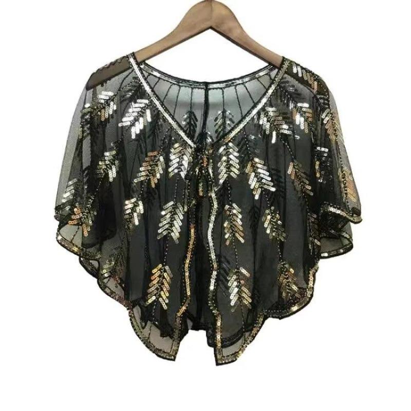 Beaded Sequin Shawl Vintage Flapper Evening Cape Sheer Mesh Embroidery Leaf  Women Bolero Party Accessories