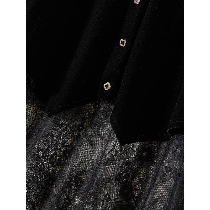 French Style Foreign Trade Order Soft Shirts! Women Eyelash Lace Stitching Fake Two Pieces V-neck Real Velvet Long Coat Autumn and Winter