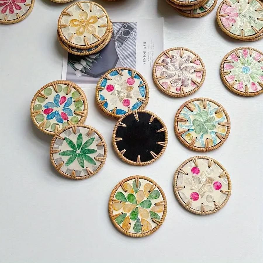 Handmade Rattan And Ceramic Shell Coasters Creative Colorful Round Coffee Table Mats Decor Bowl Mats For Home Decor