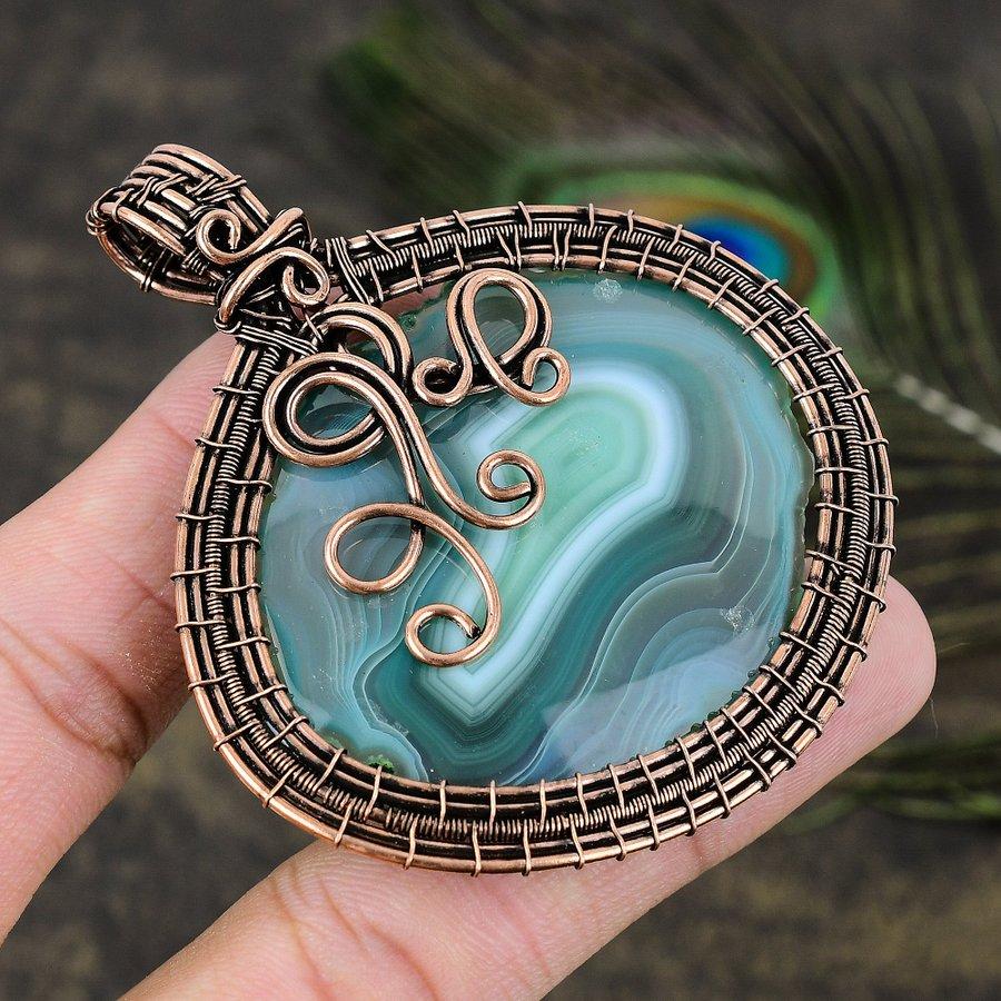 Natural Aqua Botswana Druzy Gemstone Copper Wire Wrap Gift Pendant 2.88 T1c39