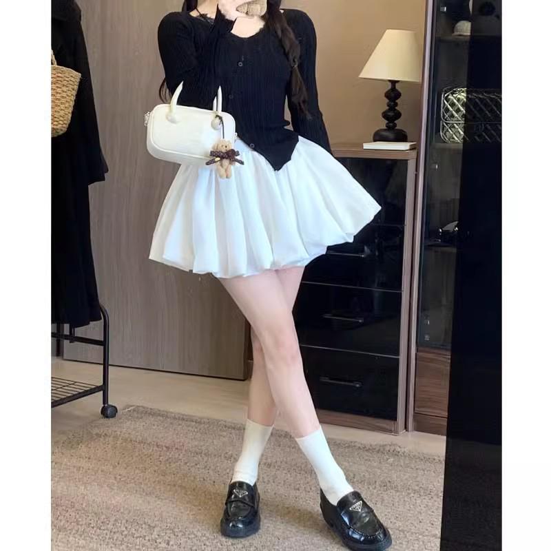 Korean Style Women's 2025 Summer High-Waist Slimming Midi Puff Skirt with Anti-Exposure Shorts