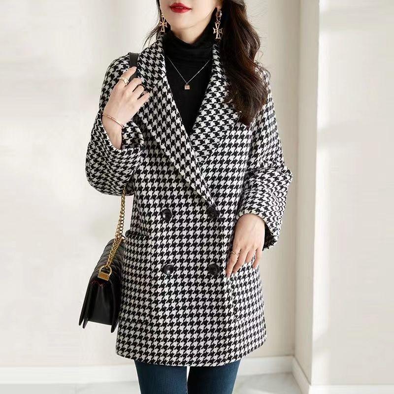 

Houndstooth Fancy Hepburn Style Woolen Coat Fall and Winter New Arrival Women s Clothing Commuter Suit Woolen Cloth Fashionable Jacket Black and white houndstooth 3XL