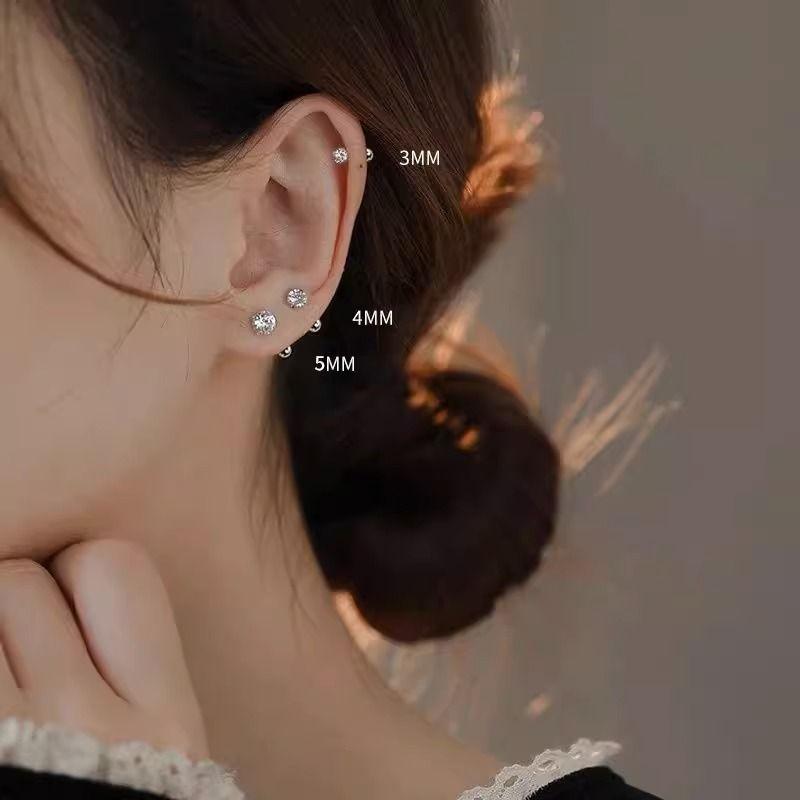 

925 Silver Stud Earrings Women s Ear-Caring Ear Bone Stud Anti-Drop Niche Style Fancy Removal-Free before Sleep Zircon Earrings One pair of 3+4+5mm thread flash drills