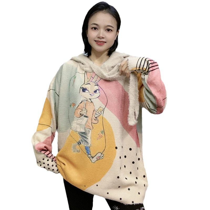 2023 Women's Plush Faux Mink Sweater: Loose, Rhinestone-Embellished, Versatile Plus Size Top for Autumn/Winter