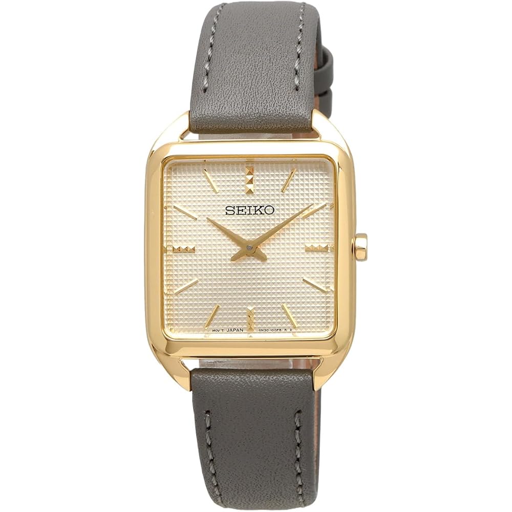 Seiko SWR090P1 Quartz Women's Square Design Watch Gold Gray Leather Band