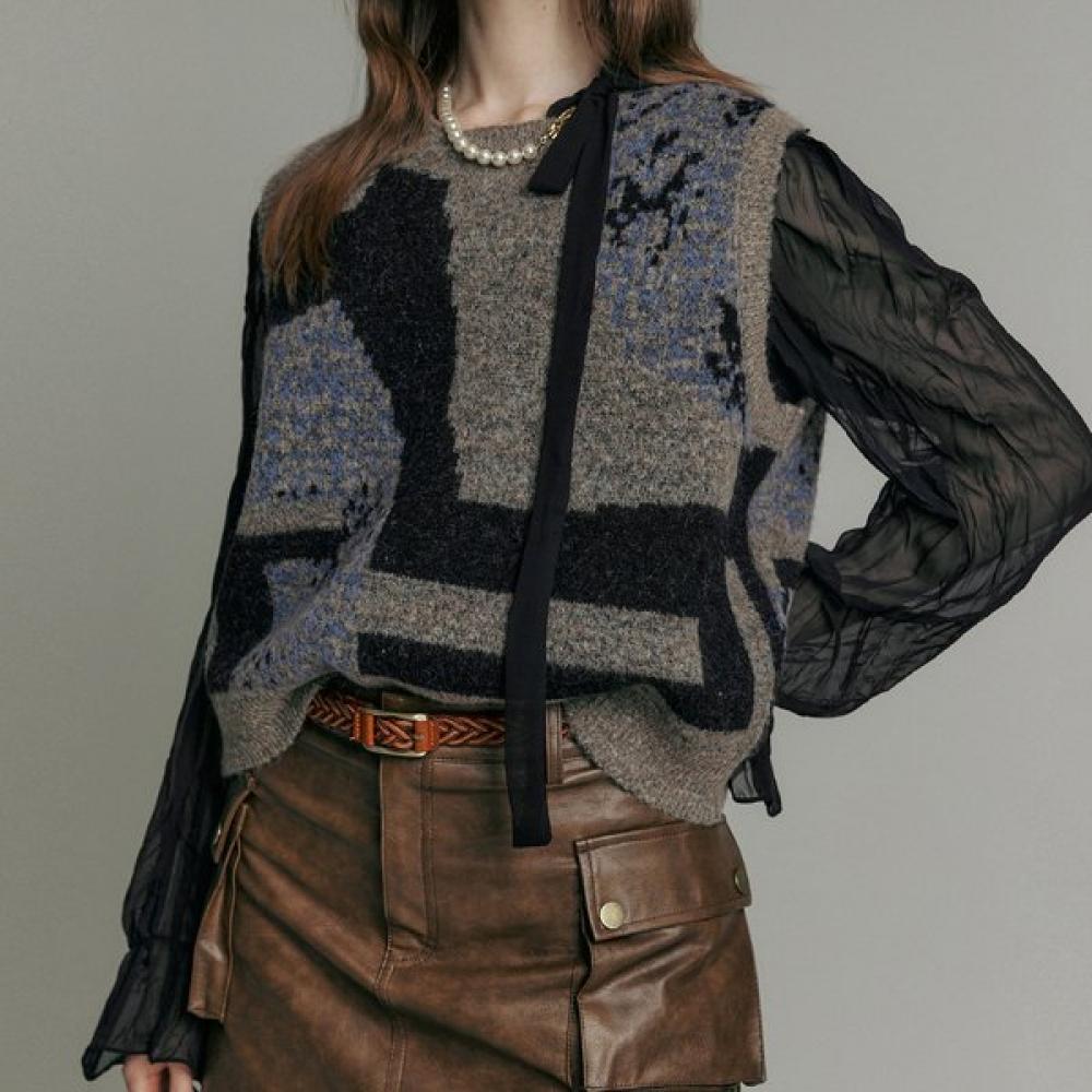 Maxza Two Tone Mix Pattern Round Neck Knit Vest Zc11qv028on Grey/FREE