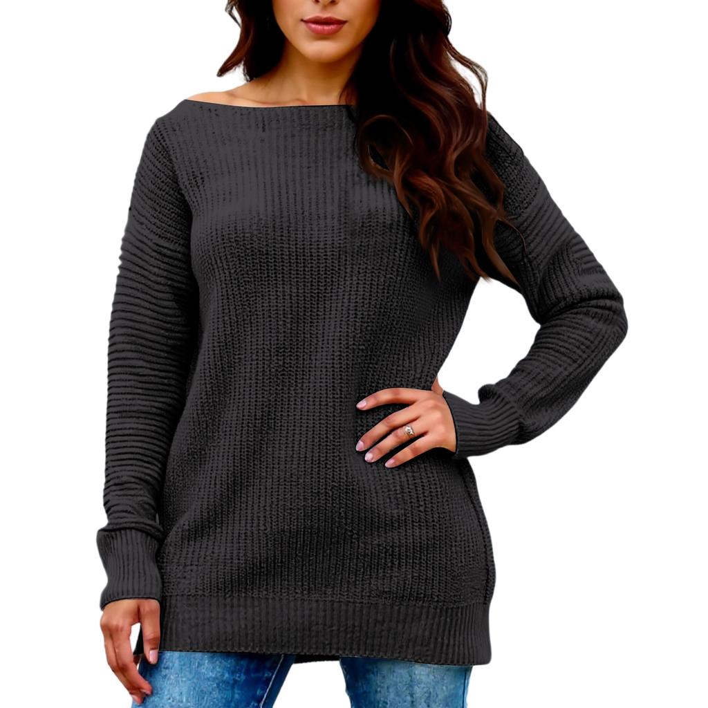 Women's Winter Loose Versatile One-shoulder Solid Color Mid-length Knitted Sweater
