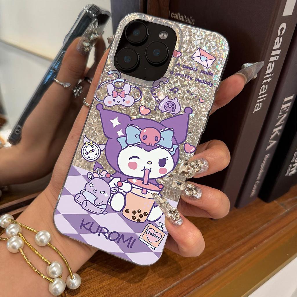 Case for iphone 11 16 Plus XS Max 17 Pro 15 Air 13 18 Pro Max XR 12 14 Kuromi Drinking Milk Tea Sparkle Crackle Foil Acrylic TPU Phone Case