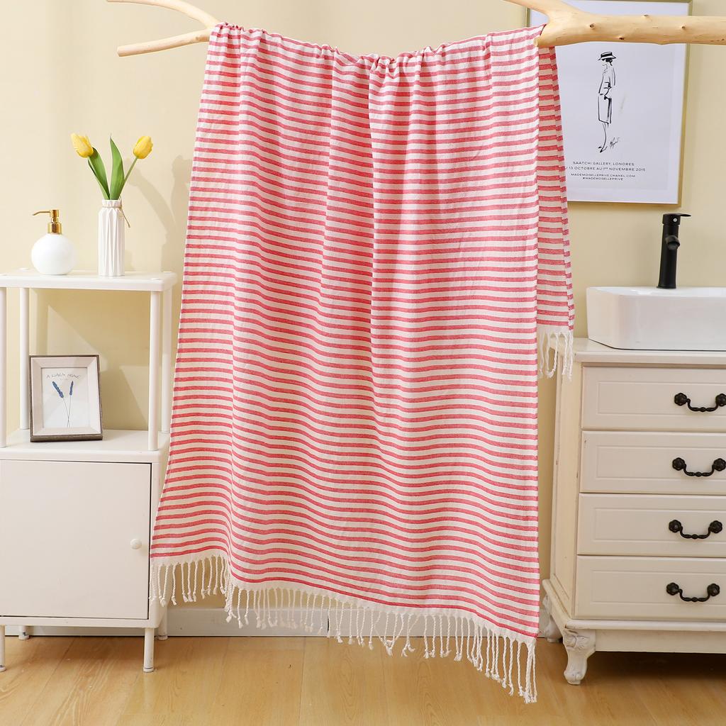 Solid Color Thin Stripes Tassel Turkish Beach Towel Extra Large Thickened Absorbent Bath Towel for Outdoor Use