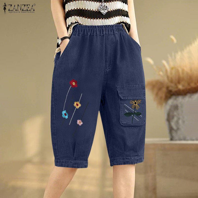ZANZEA Women Summer Floral Print Elastic Waist Casual Capris Pants