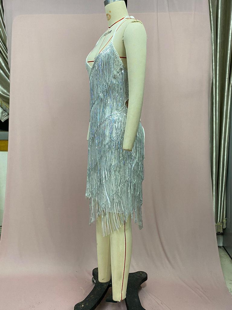 2025 Halter Tassel Backless Hip-Hugging A-Line High-Waisted Short Dress