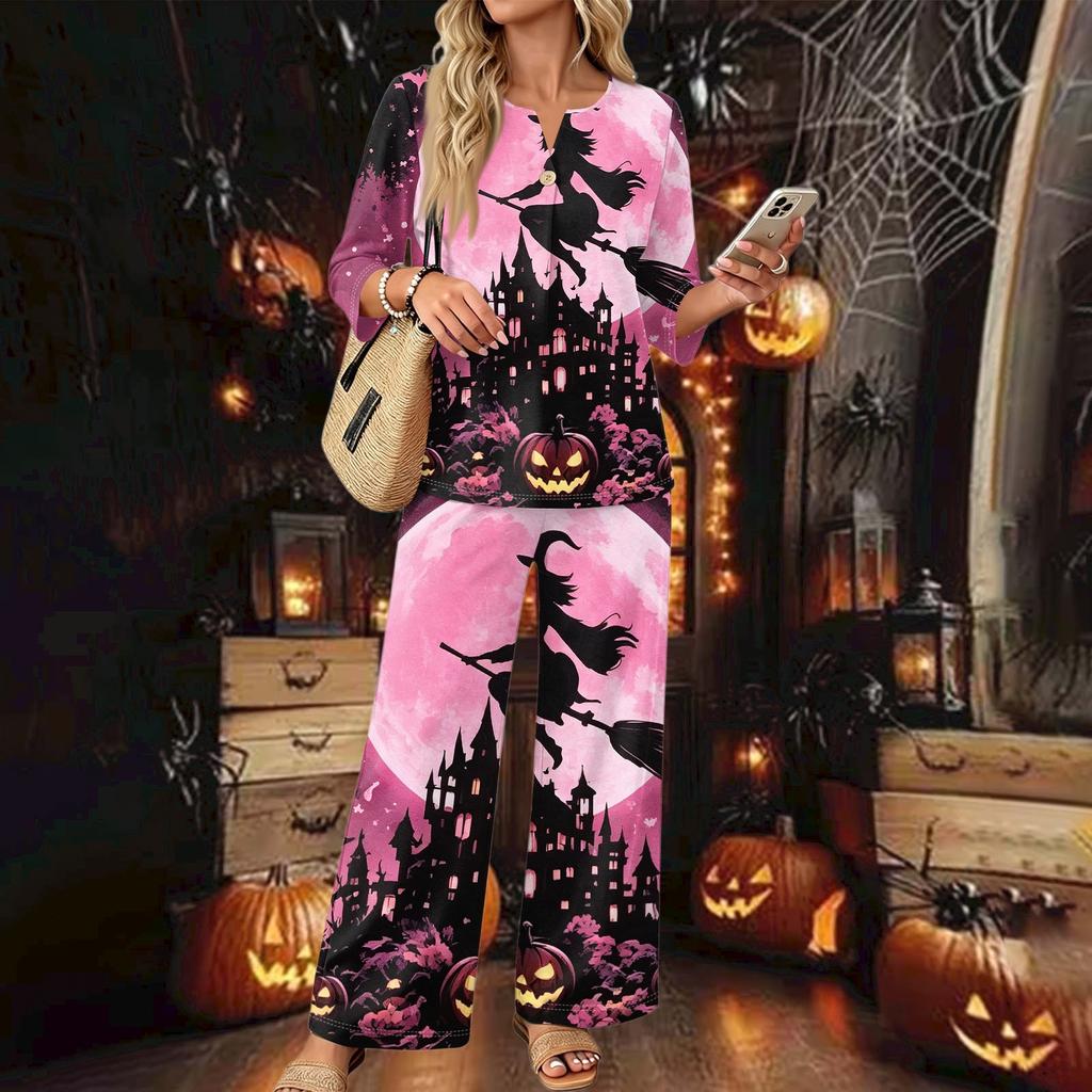 Women's Casual Button Down 3/4 Sleeve Top and Wide Leg Pants Two Piece Set