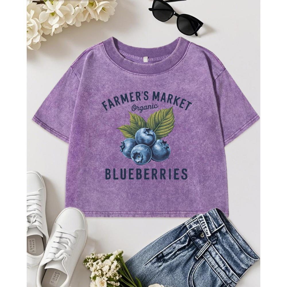 Farmer Market Orangic Blueberries Print Women Washed T Shirt Sport Cotton T-Shirts Y2K Slim Top Summer Sportswear
