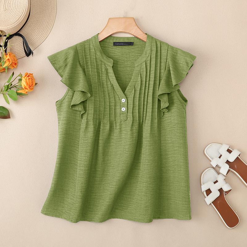 ZANZEA Women Casual V-Neck Ruffles Short Sleeve Blouse