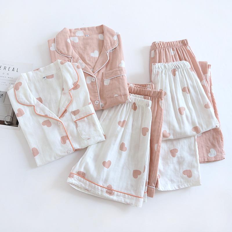 Women's Pure Cotton Three-Piece Pajama Set: Short Sleeve Top, Long Pants, and Shorts for Summer and Spring-Autumn Homewear.