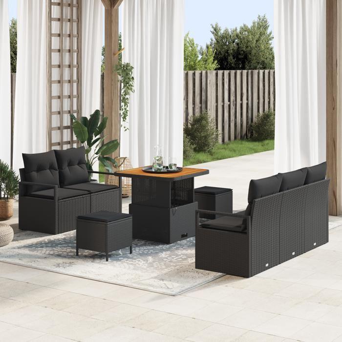 Ensemble de canapé de jardin 8 pièces avec coussins noir poly rattan acacia, Canapé de jardin 2 places avec rangement 3364414