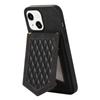 For iPhone 15 RFID Blocking Card Holder Phone Case Mirror Kickstand Imprinted PU Leather Coated TPU Cover with Shoulder Strap