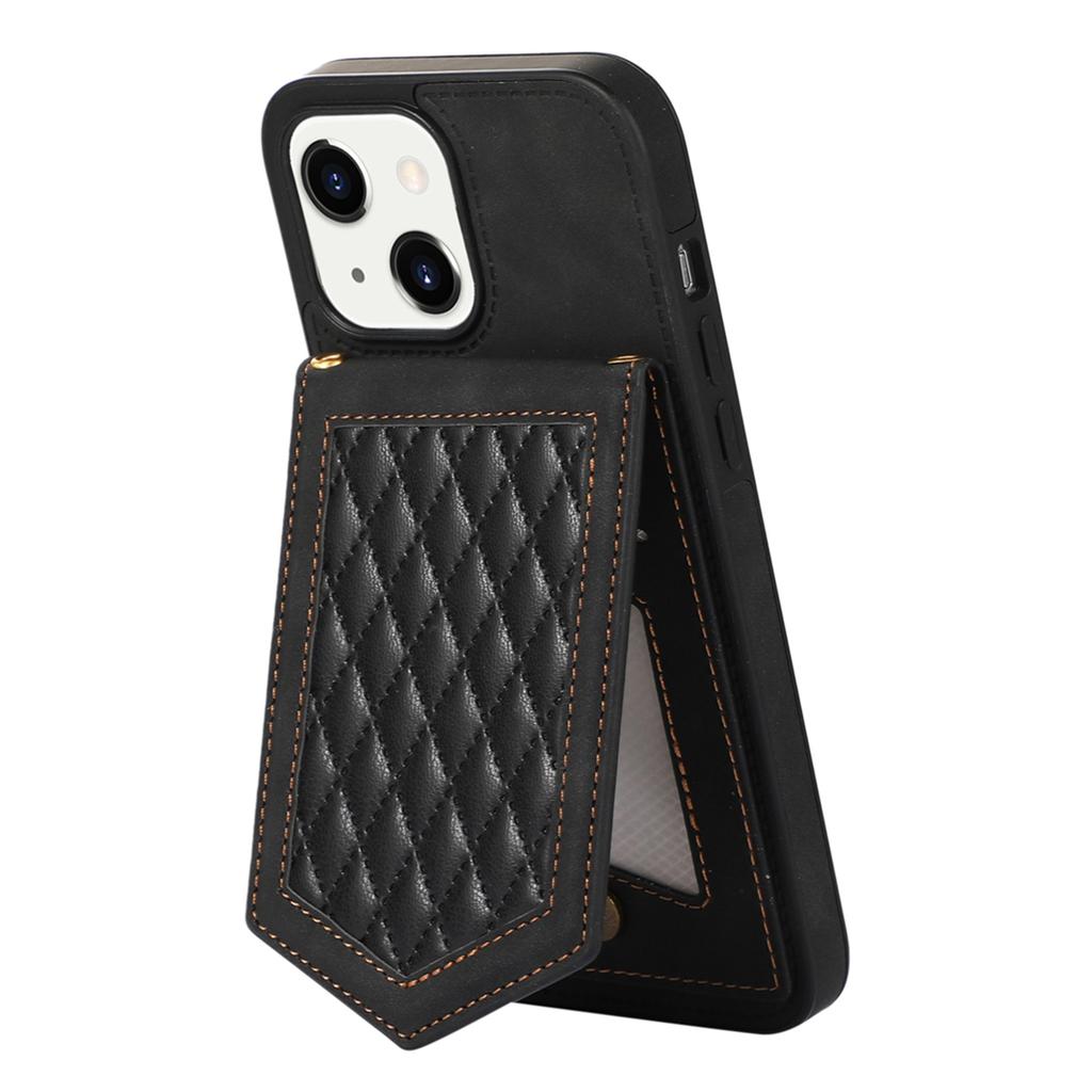 For iPhone 15 RFID Blocking Card Holder Phone Case Mirror Kickstand Imprinted PU Leather Coated TPU Cover with Shoulder Strap