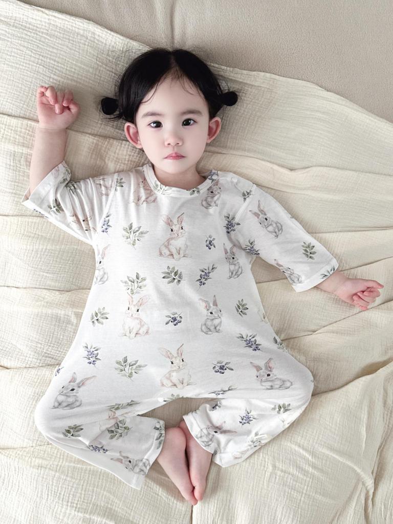 Unisex Baby Summer Jumpsuit - Anti-bacterial, Pure Cotton, Breathable, Boneless, Three-Quarter Sleeves, Essential Homewear