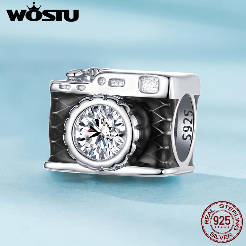 WOSTU 925 Sterling Silver Black Camera Charm Shiny Zircon Travel Beads Fit Original Bracelet DIY Jewelry Make Holiday Gift
