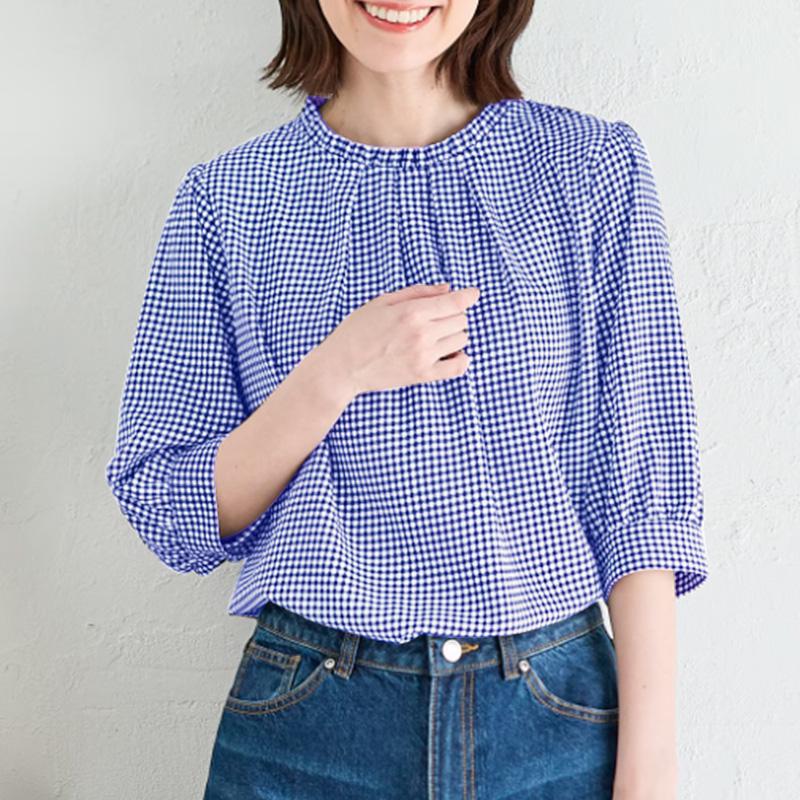 

ZANZEA Женская повседневная блузка с круглым вырезом и рукавами 3/4 свободного кроя с клетчатым принтом 5XL синий