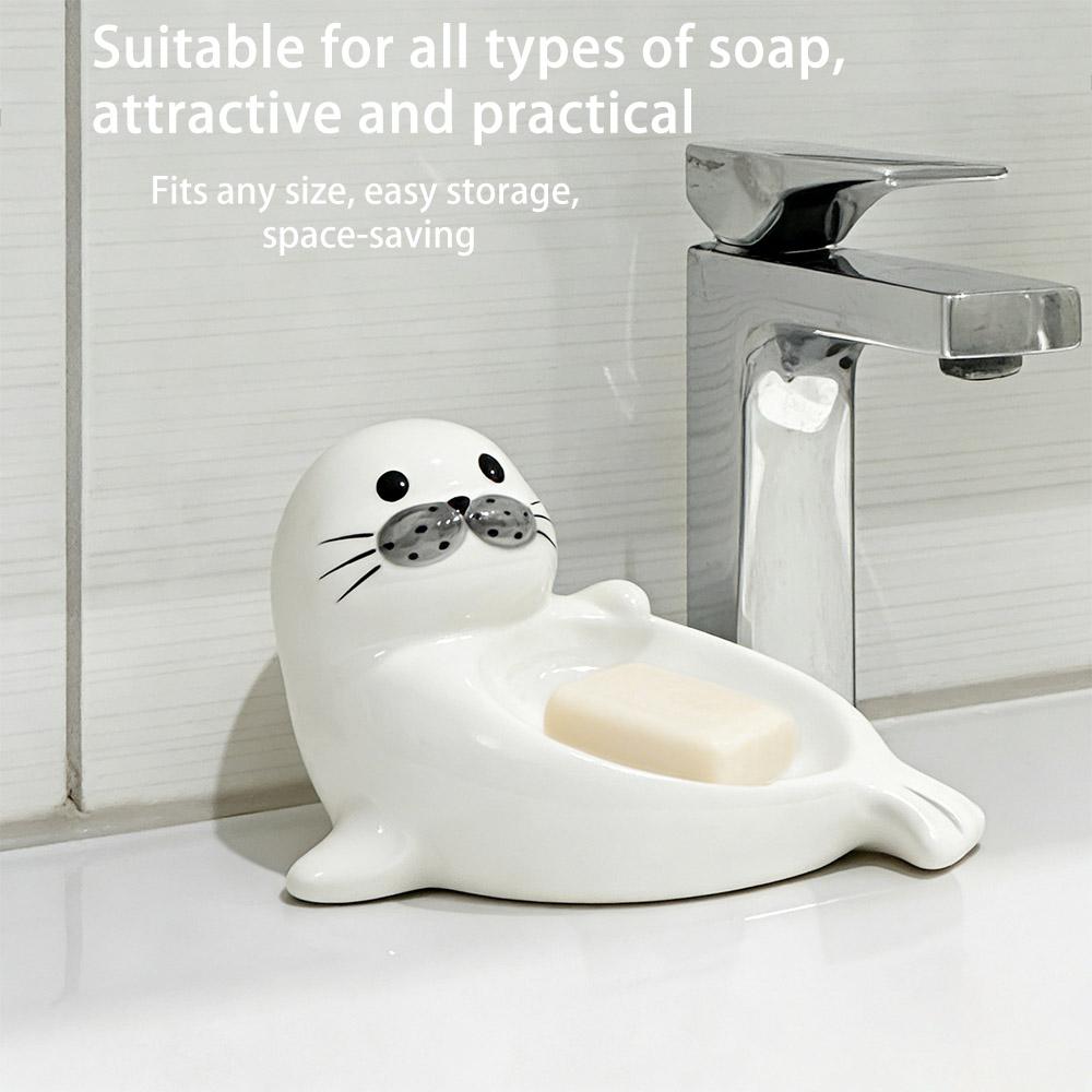 Cute Self Draining Soap Holder Drainable Bathroom Decor Organizer Sea Lion Soap Dish  Kitchen