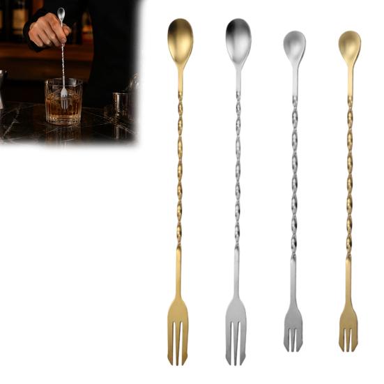 Home Bar Cocktail Shaker Accessory Spoon, Stainless Steel Mixing Stirrer, Long Handle Drink Spoon Kitchen Fruit Tea Stirrer with Spiral Twisted Design