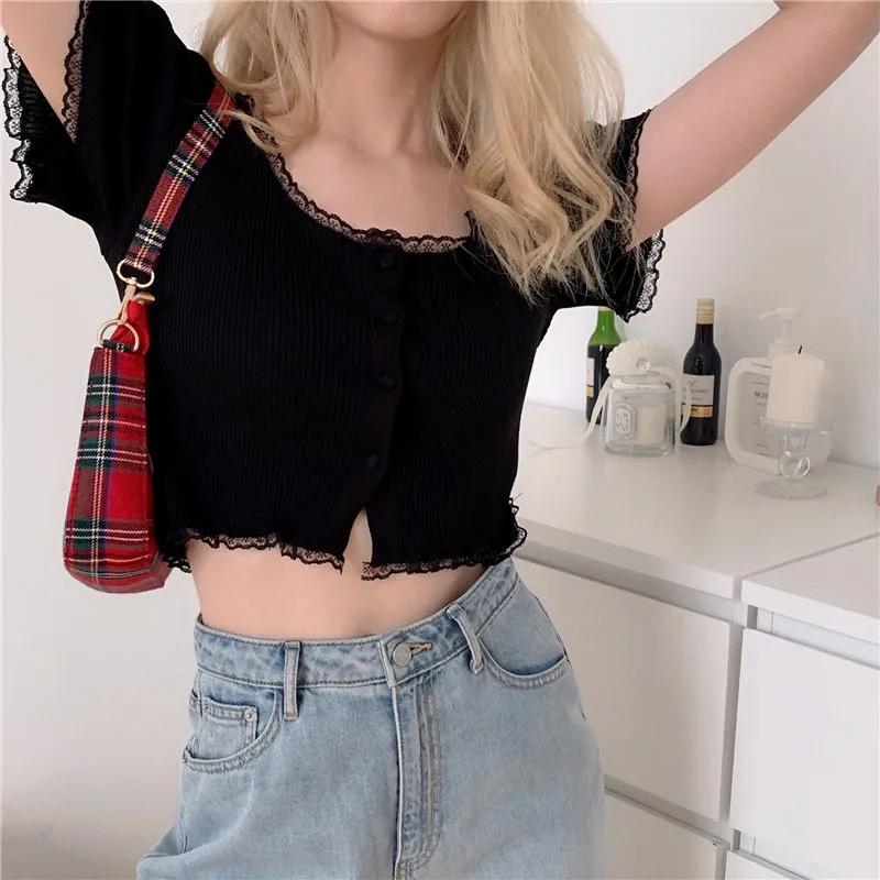 Summer Women Black Ribbed Lace Trim Button Up Crop Top OneSize чёрный