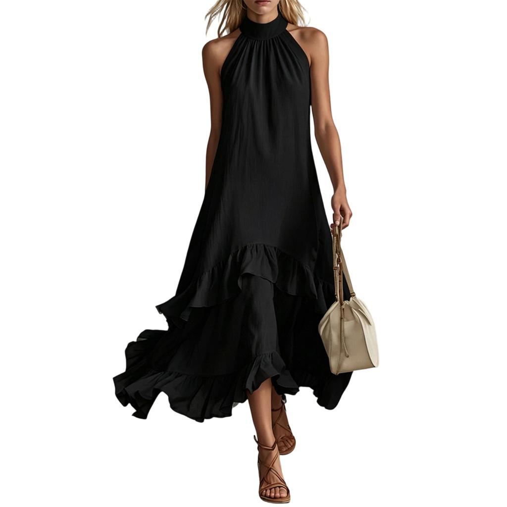Women's Summer Retro Elegant Casual Round Neck Sleeveless Ruffled Midi Beach Dress