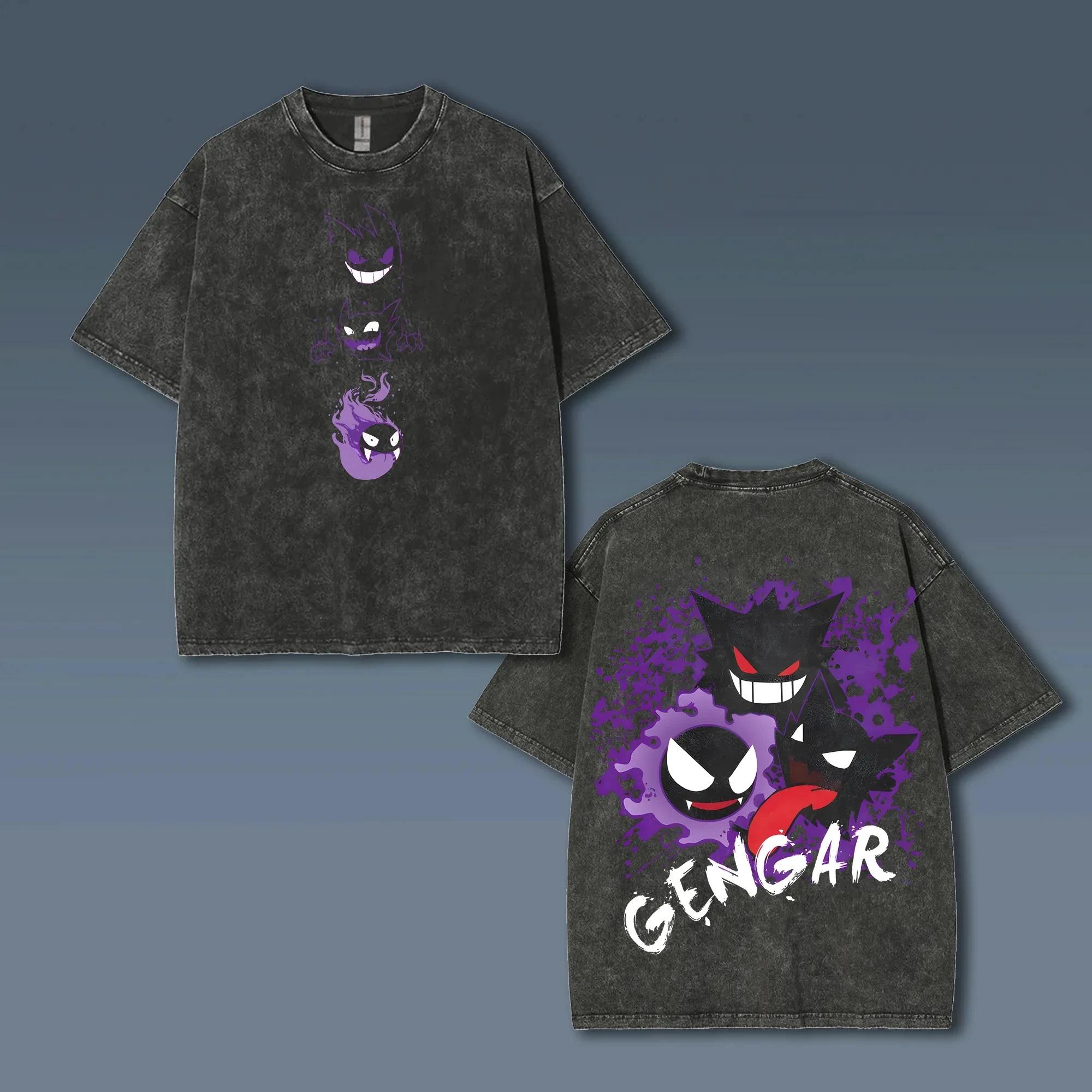 Fashion Hip Hop Clothes Pok&eacute;mon Animatie Afgeleiden Gengar Print Retro Gewassen Korte Mouw T-shirt Heren en Dames 2025 Zomer Mode Kleding S groen