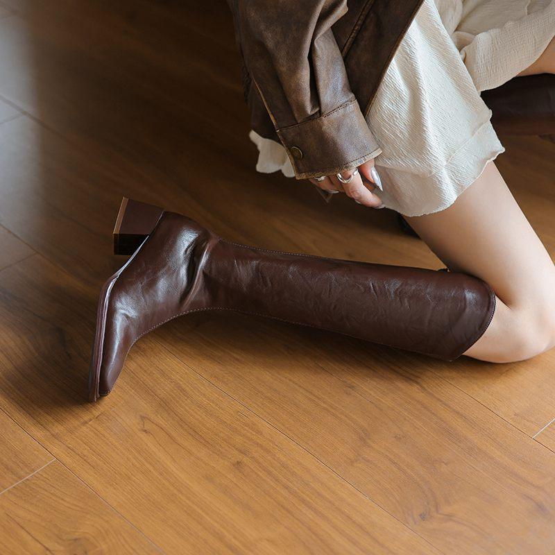 Krazing Pot PU Autumn Winter Shoes Riding Boots Square Toe Keep Warm Zipper Size 43 Handsome Knee Boots